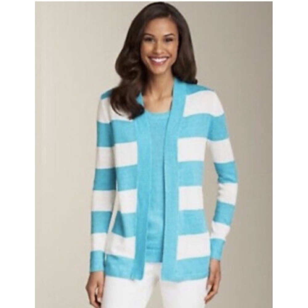 Talbots Woman Petites 1Xp Linen Striped Open Front Cardigan Turquoise White 0610